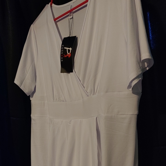 Poseshe White Dress 2xl Short Sleeve Deep V Neck Wrap w Front Slit Sexy… - Picture 7 of 7